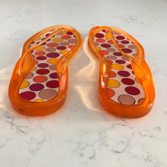 Vintage Synthetic Man-Made Beach Flip-Flop Sandals Orange Polka Dot Sz L 9 - 10 - Picture 3 of 7